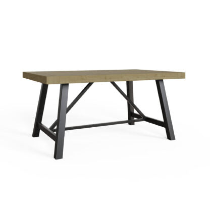 Wooden table with black metal legs on a white background