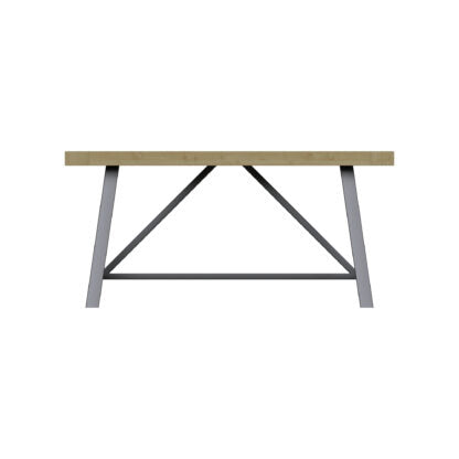 A modern industrial-style table featuring a light natural wood top and a dark gray metal base with an A-frame support structure.