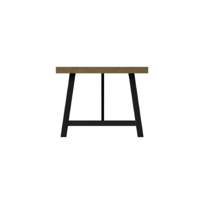 Minimalist table with wooden top and black metal legs on a white background