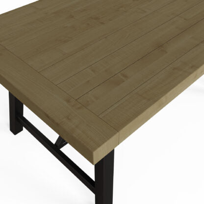 Wooden table with black metal legs on a white background