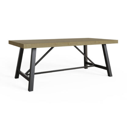 Wooden table with black metal legs on a white background