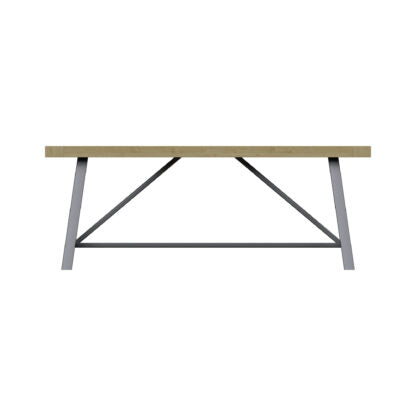 A modern rectangular table with a light beige wood top and a dark gray metal geometric base, shown against a plain white background.