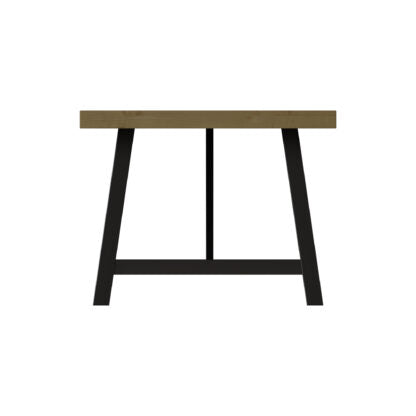 A minimalist A-frame table with a light brown wood top and black metal legs, shown against a plain white background.