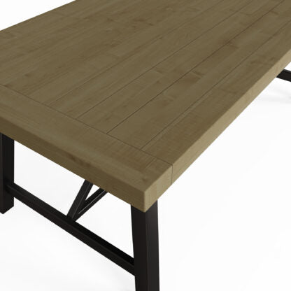 Wooden table with black metal legs on a white background