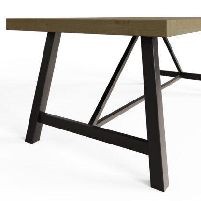 Wooden table with black metal legs on a white background
