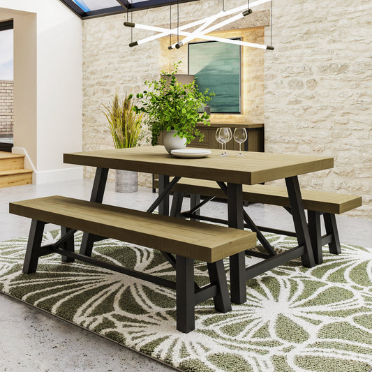 Wooden dining table with benches in a modern indoor setting.