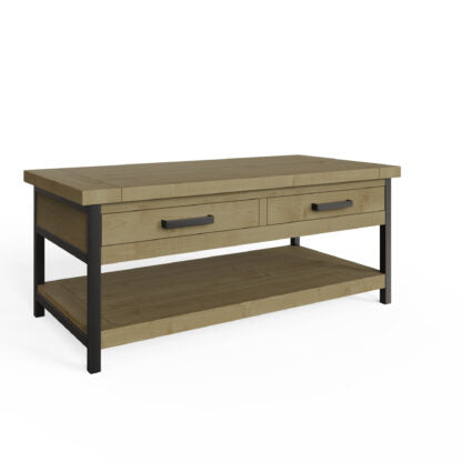 Wooden coffee table with two drawers and a metal frame on a white background
