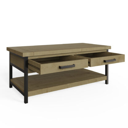 A modern coffee table with a light brown wood grain finish and a black metal frame, featuring two open drawers and a lower shelf.