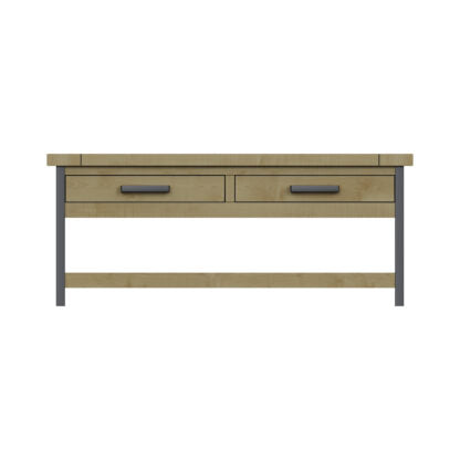 A modern two-drawer console table with a light oak wood finish and dark gray metal legs and drawer pulls, shown against a plain white background.