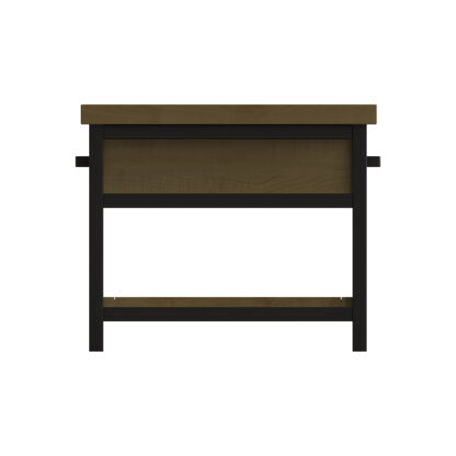 A modern console table featuring a medium brown wood grain finish on the top surface, drawer front, and lower shelf, paired with a black metal frame and legs.