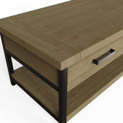 Wooden coffee table with a drawer and metal handle on a white background