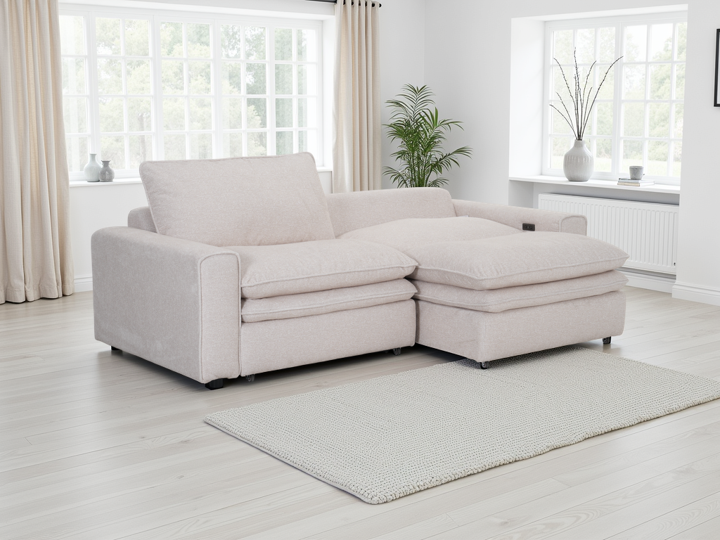 Light gray sectional sofa in a bright living room with large windows and plants.
