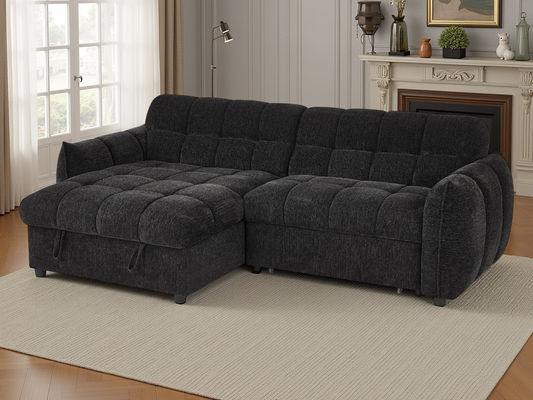 Black sectional sofa in a living room setting with a fireplace and window.