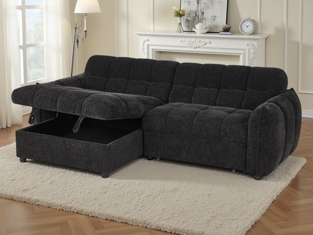 Black sectional sofa with storage drawers in a living room setting.