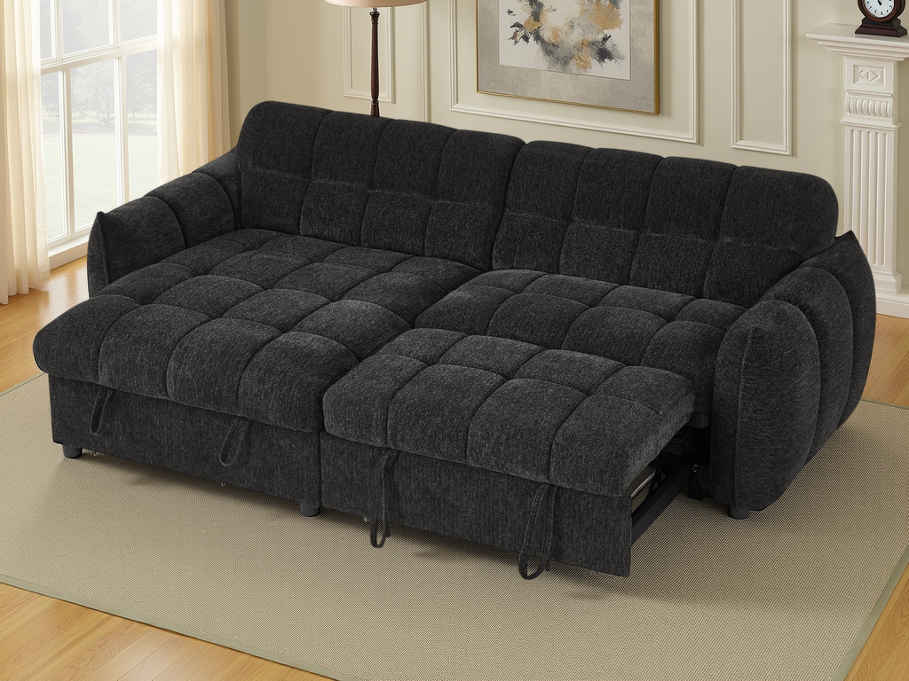 Black sectional sofa in a living room setting with a lamp and artwork on the wall.