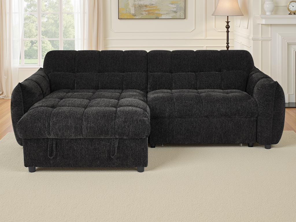 Sectional sofa in a living room setting with decor elements.