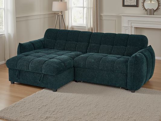 Teal sectional sofa in a living room setting with a lamp and fireplace.