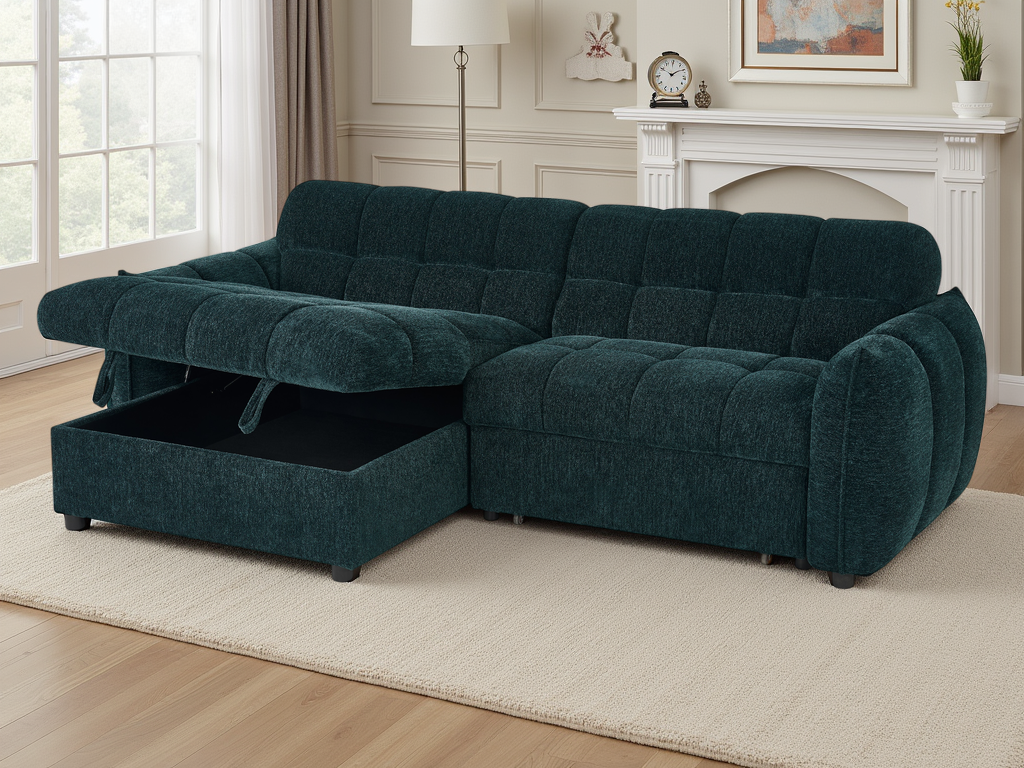 Teal sectional sofa with storage drawers in a living room setting.