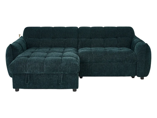 A dark teal tufted sectional sofa with a left-facing chaise lounge, shown against a plain white background.