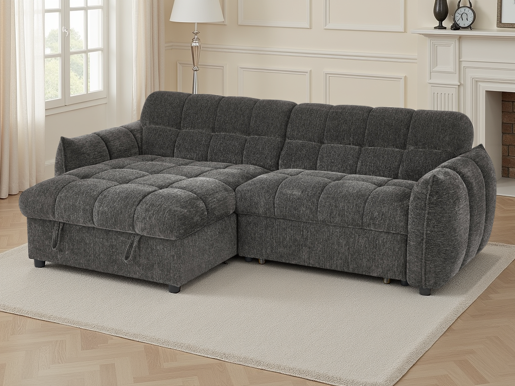 Gray sectional sofa in a living room setting with a lamp and fireplace in the background.