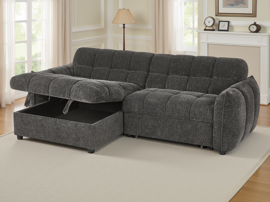 Gray sectional sofa with storage drawers in a living room setting