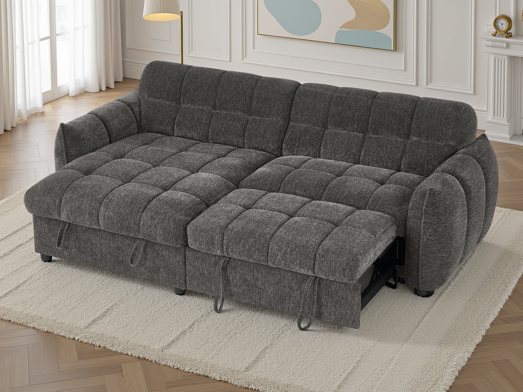 Gray sectional sofa in a living room setting.