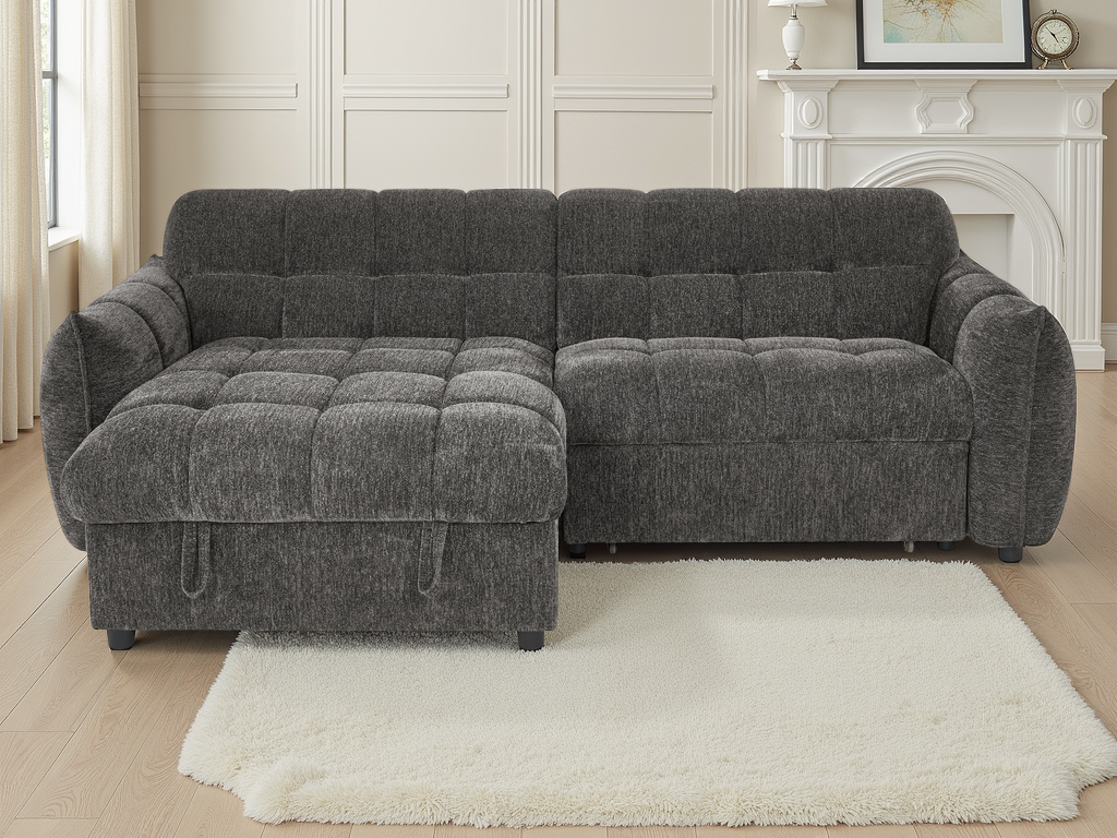 Gray sectional sofa in a living room.