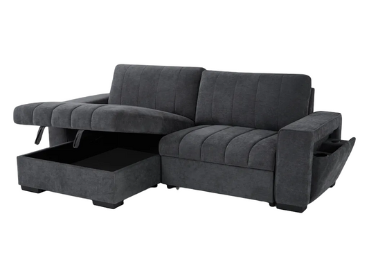 Gray sectional sofa with storage compartment in a living room setting.