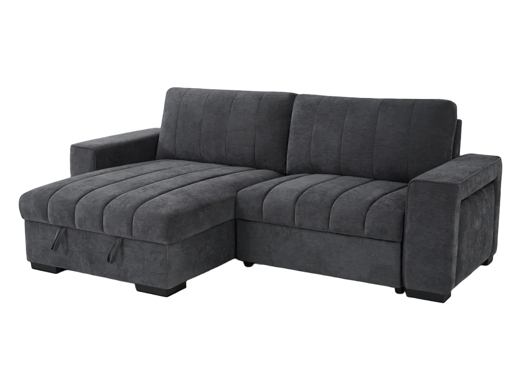 A gray fabric sectional sofa with a chaise lounge on the left, featuring vertical channel tufting on the seat and back cushions, shown against a plain white background.