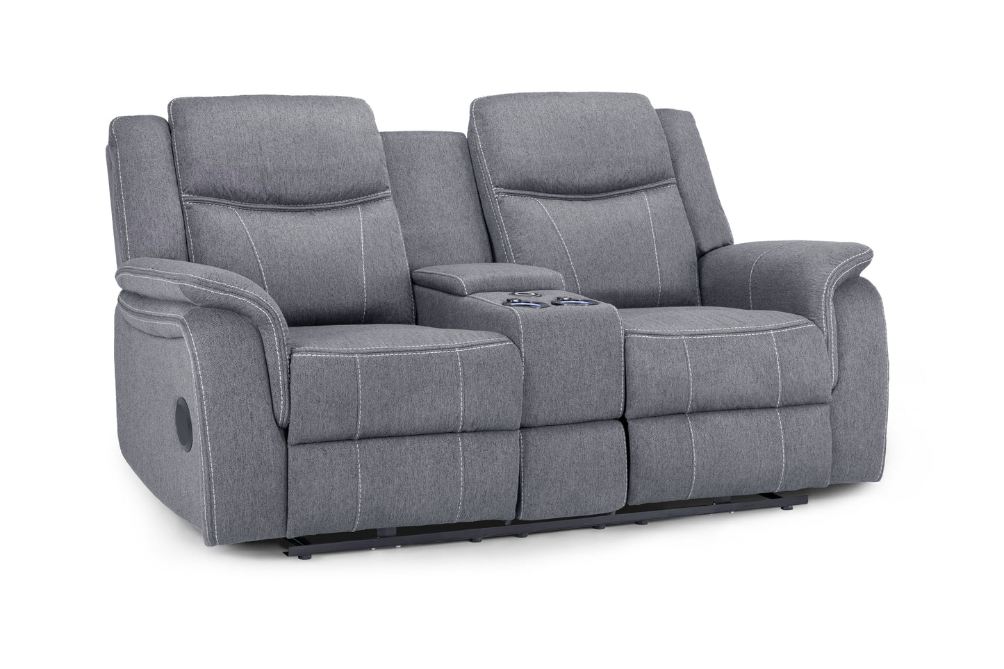 Gray reclining sofa with cup holders on a white background