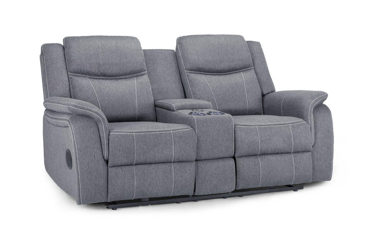 Gray reclining sofa with cup holders on a white background