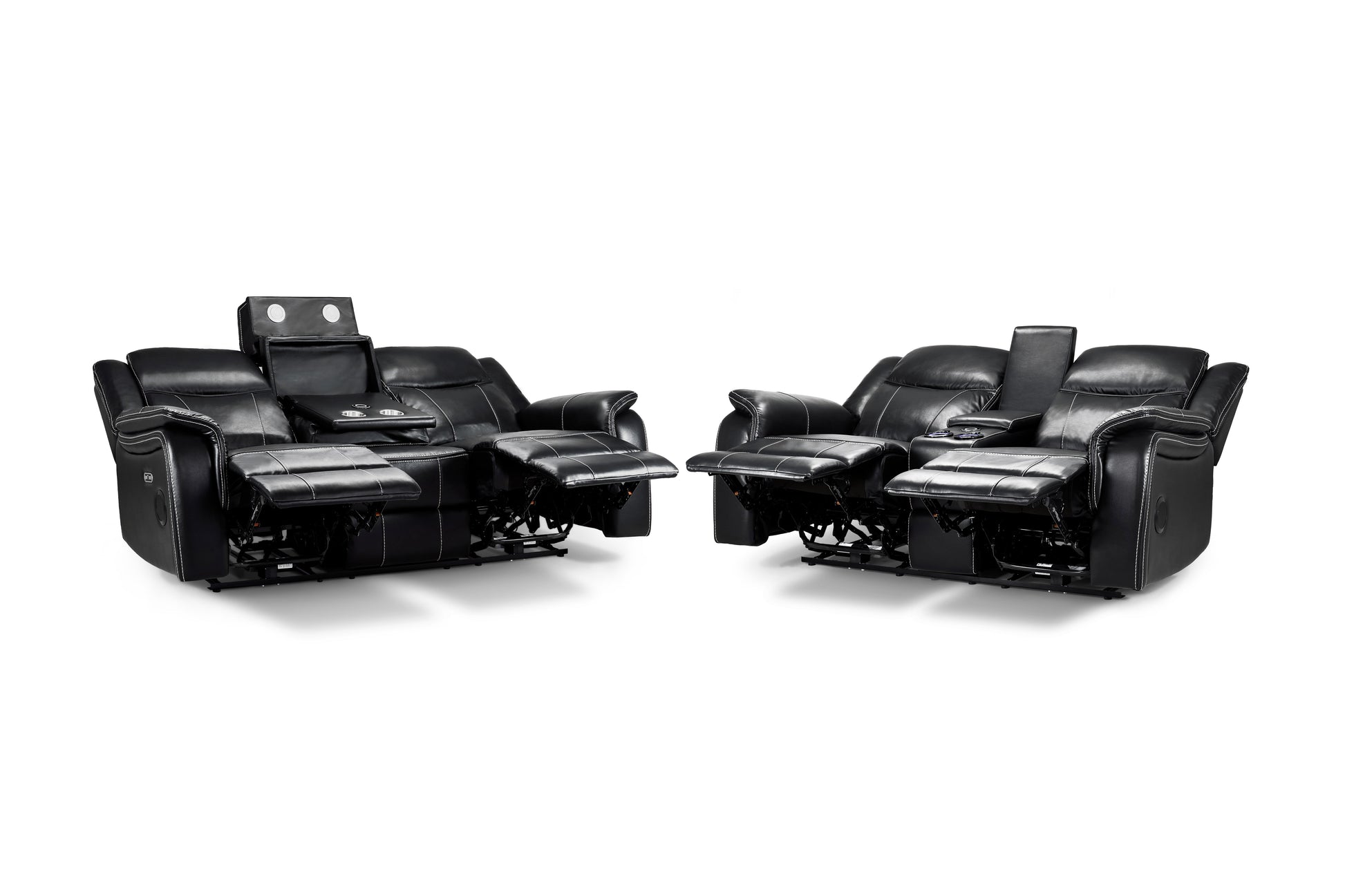 Galaxy Tech black Leather-Aire electric recliner three-seater and two-seater sofa set with centre consoles