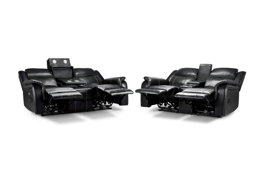 Galaxy Tech black Leather-Aire electric recliner three-seater and two-seater sofa set with centre consoles