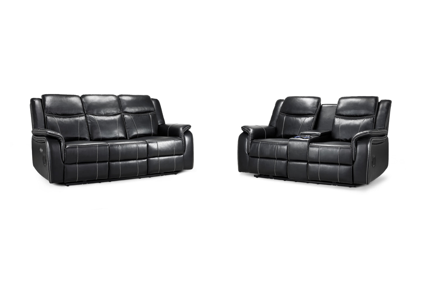 Black leather reclining sofa set on a white background