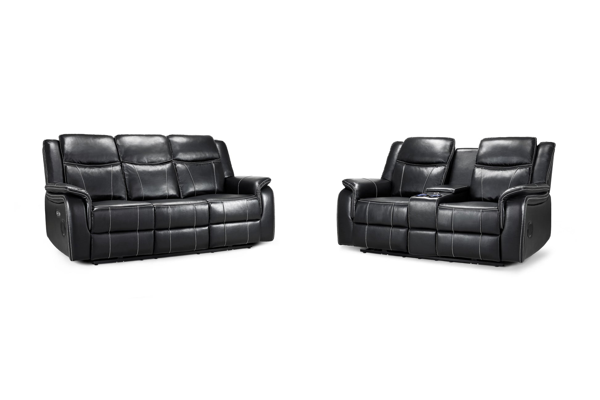 Black leather reclining sofa set on a white background