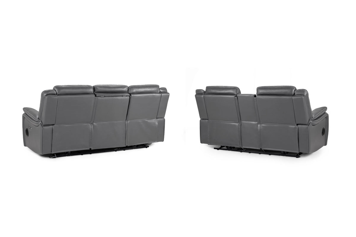 A dark gray upholstered reclining sofa shown from the rear on a plain white background, with a matching armrest section visible to the right.