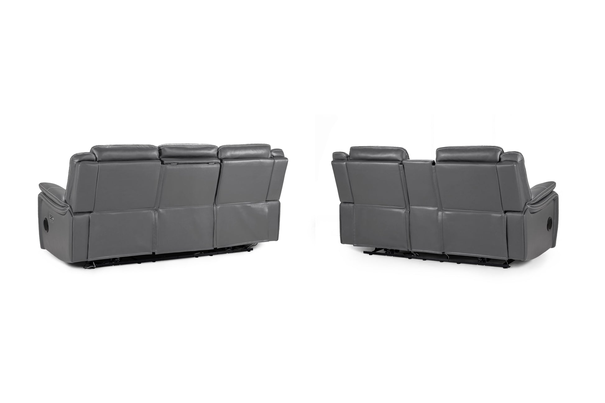A dark gray upholstered reclining sofa shown from the rear on a plain white background, with a matching armrest section visible to the right.