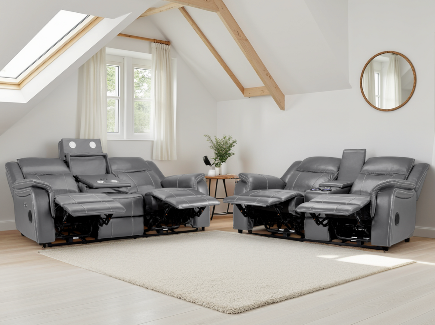 Gray reclining sofa set in a modern living room with wooden beams and large windows.