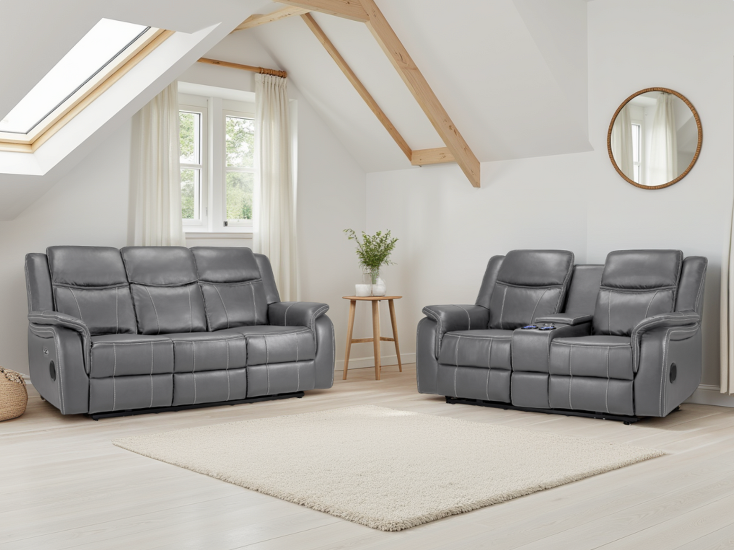 Gray recliner sofa set in a modern living room with a skylight.