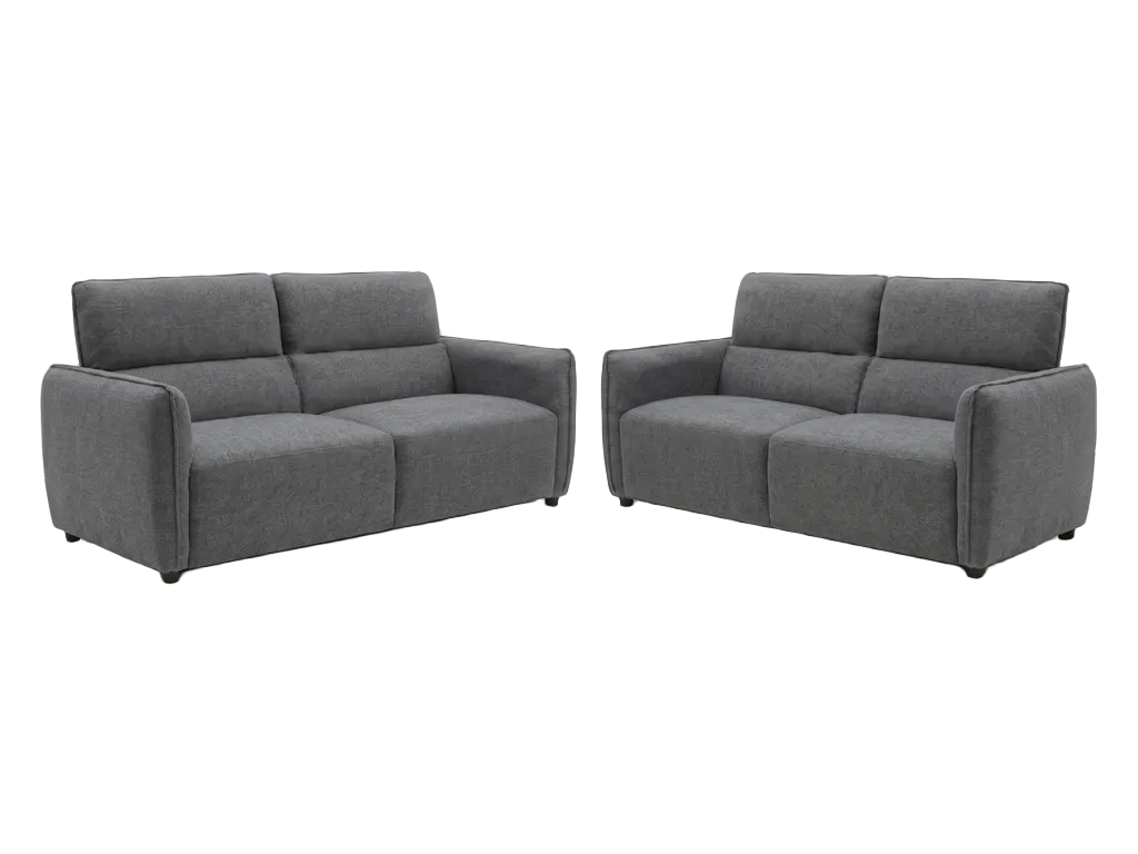A two-piece gray fabric sofa set consisting of a two-seater loveseat and a three-seater sofa, shown against a plain white background.