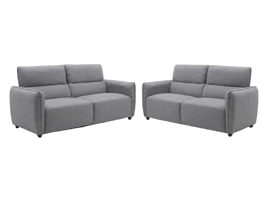A two-piece dark gray fabric sofa set consisting of a three-seat sofa and a two-seat loveseat, both with tufted back cushions and dark tapered legs, shown against a plain white background.