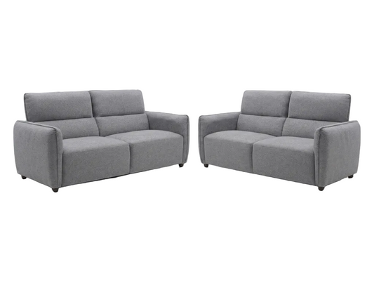 A two-piece dark gray fabric sofa set consisting of a three-seat sofa and a two-seat loveseat, both with tufted back cushions and dark tapered legs, shown against a plain white background.