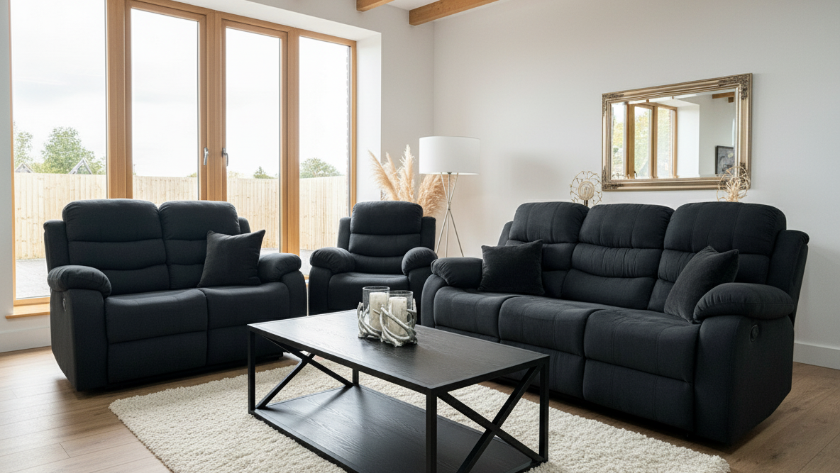 Black leather recliner sofa set in a living room with a coffee table and decorative items.