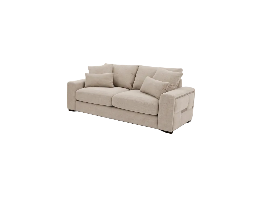 Beige sofa with matching pillows on a white background. 