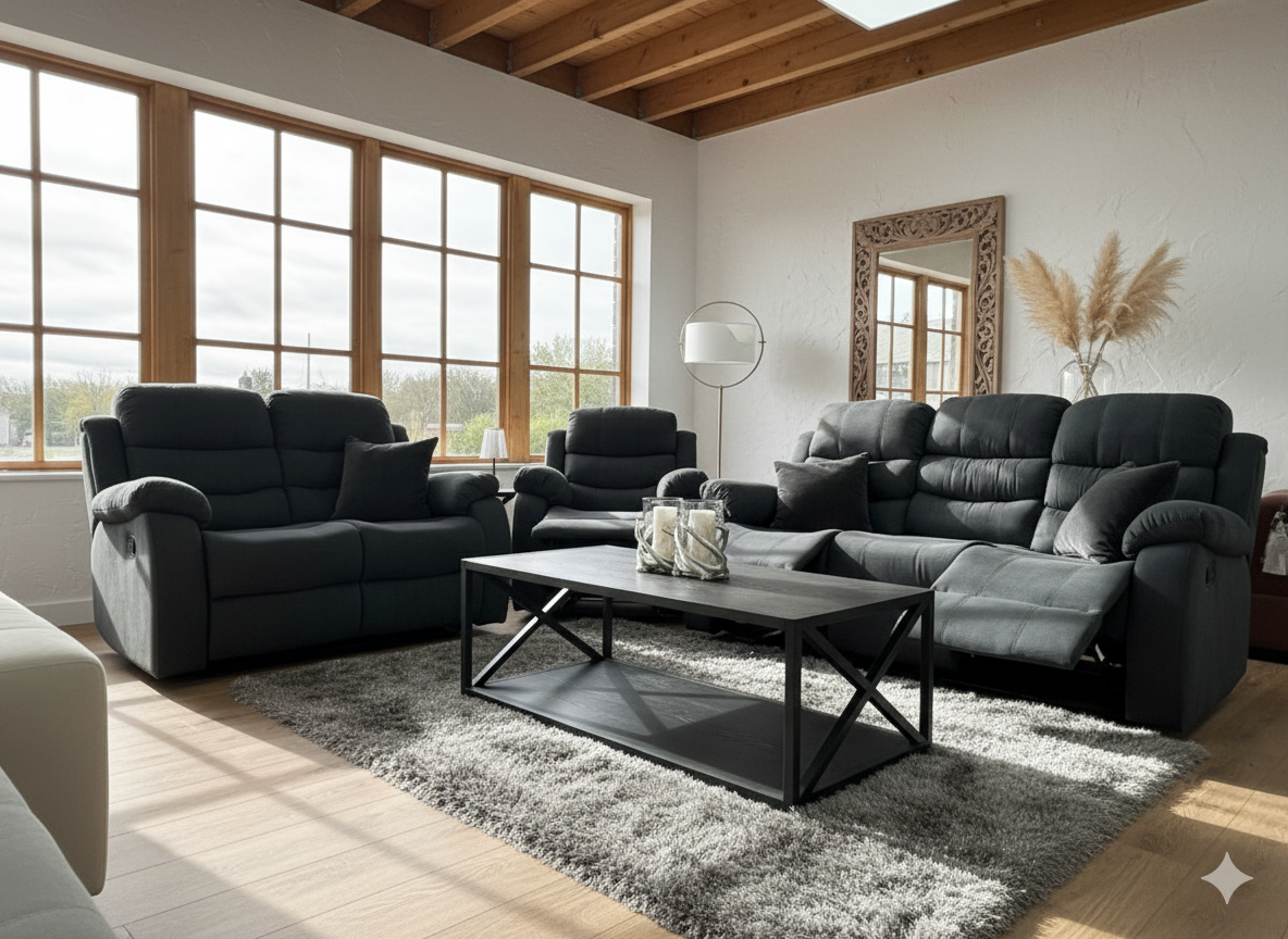Modern living room with black sofas, a coffee table, and large windows.