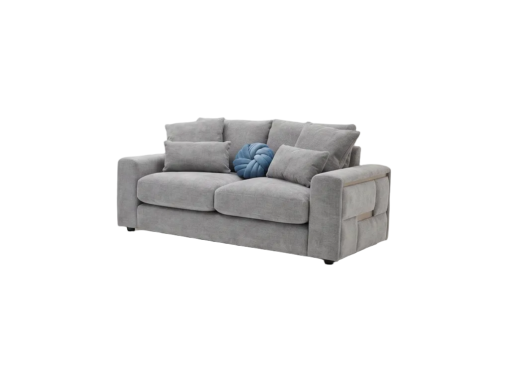 A light gray upholstered loveseat with matching back and arm cushions, plus a round blue decorative pillow, shown on a plain white background.