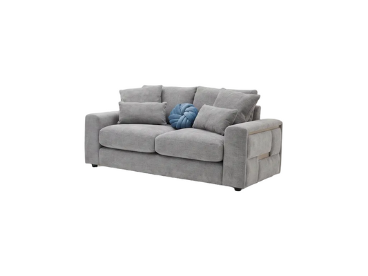 A light gray upholstered loveseat with matching back and arm cushions, plus a round blue decorative pillow, shown on a plain white background.