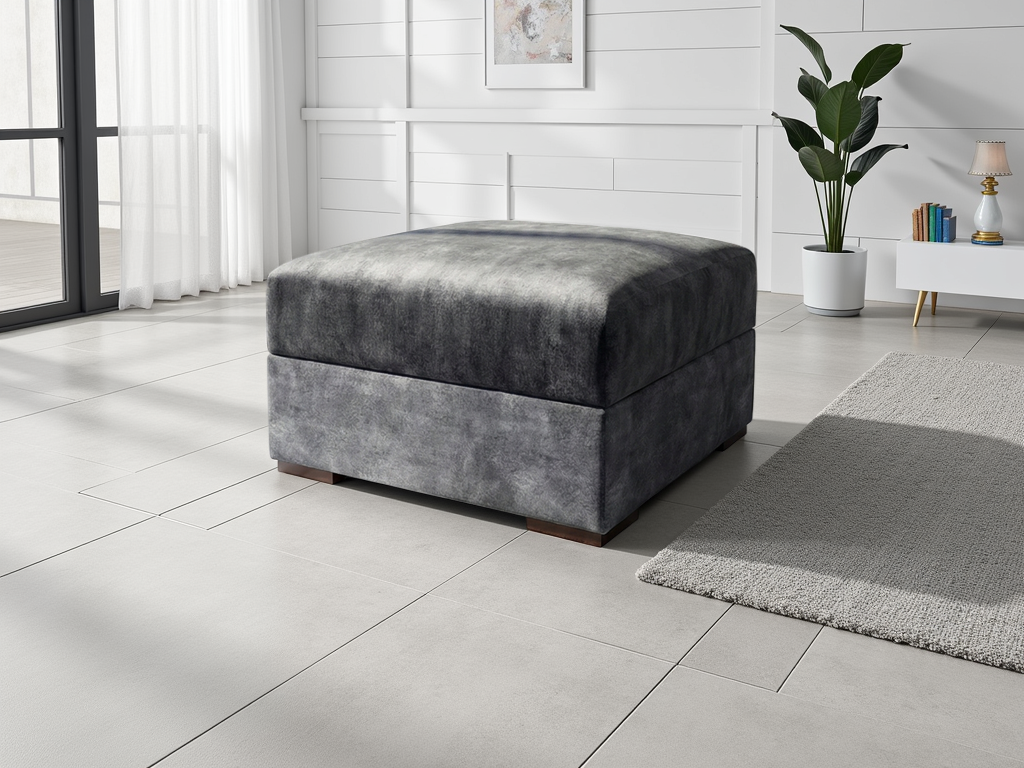 Black ottoman in a modern living room setting with a plant and books in the background.