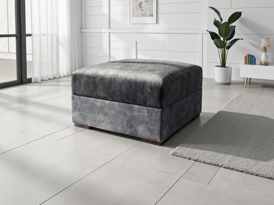 Black ottoman in a modern living room setting with a plant and books in the background.