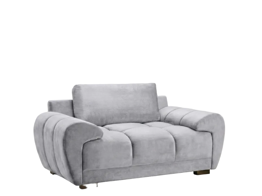 A light gray velvet loveseat sofa with a tufted seat cushion and curved arms, shown on a plain white background.